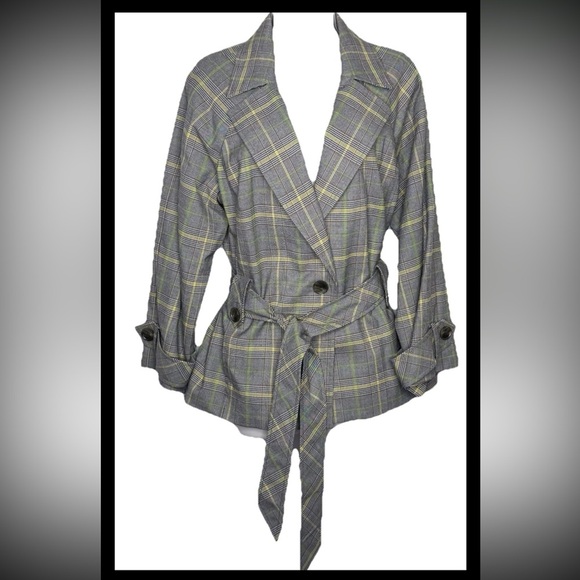 Vintage Kasper Women’s Plaid Pea Coat 16 Gray Yellow Green Belted Long Sleeves - Picture 1 of 11